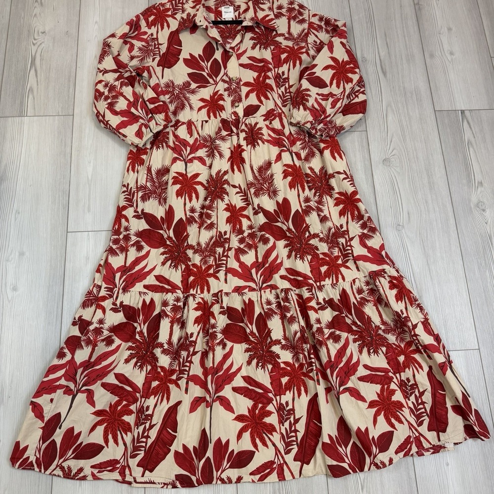 Anthropologie Maeve Bettina Dress Women Large Red Cream Tiered Shirt Dress Boho - Picture 4 of 14